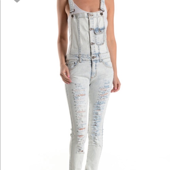 Light bleach Wash Denim Jean overalls Stretch - Picture 2 of 5